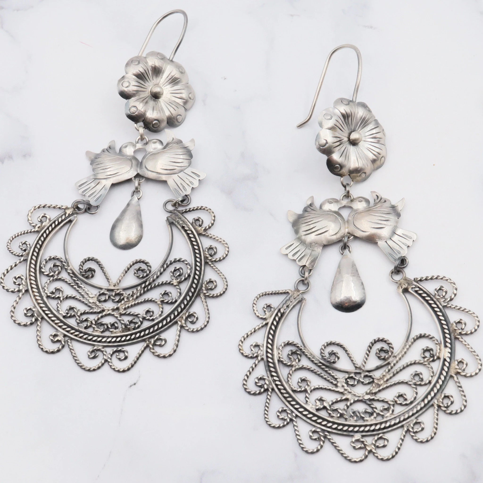 Large Navajo sterling silver chandelier earrings handmade love birds